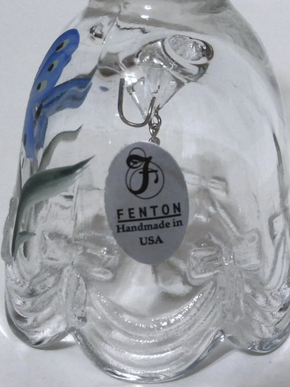 Vintage FENTON Glass BELL Clear Signed, Fenton Paper Sticker Painted Butterfly
